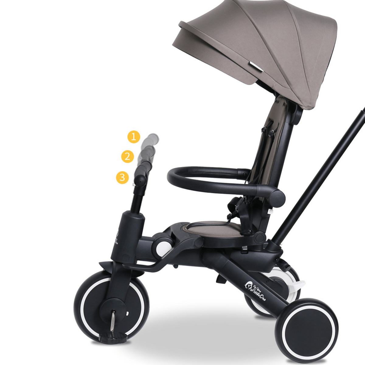 Trike seat recline controls with sun canopy over the front, black wheels visible