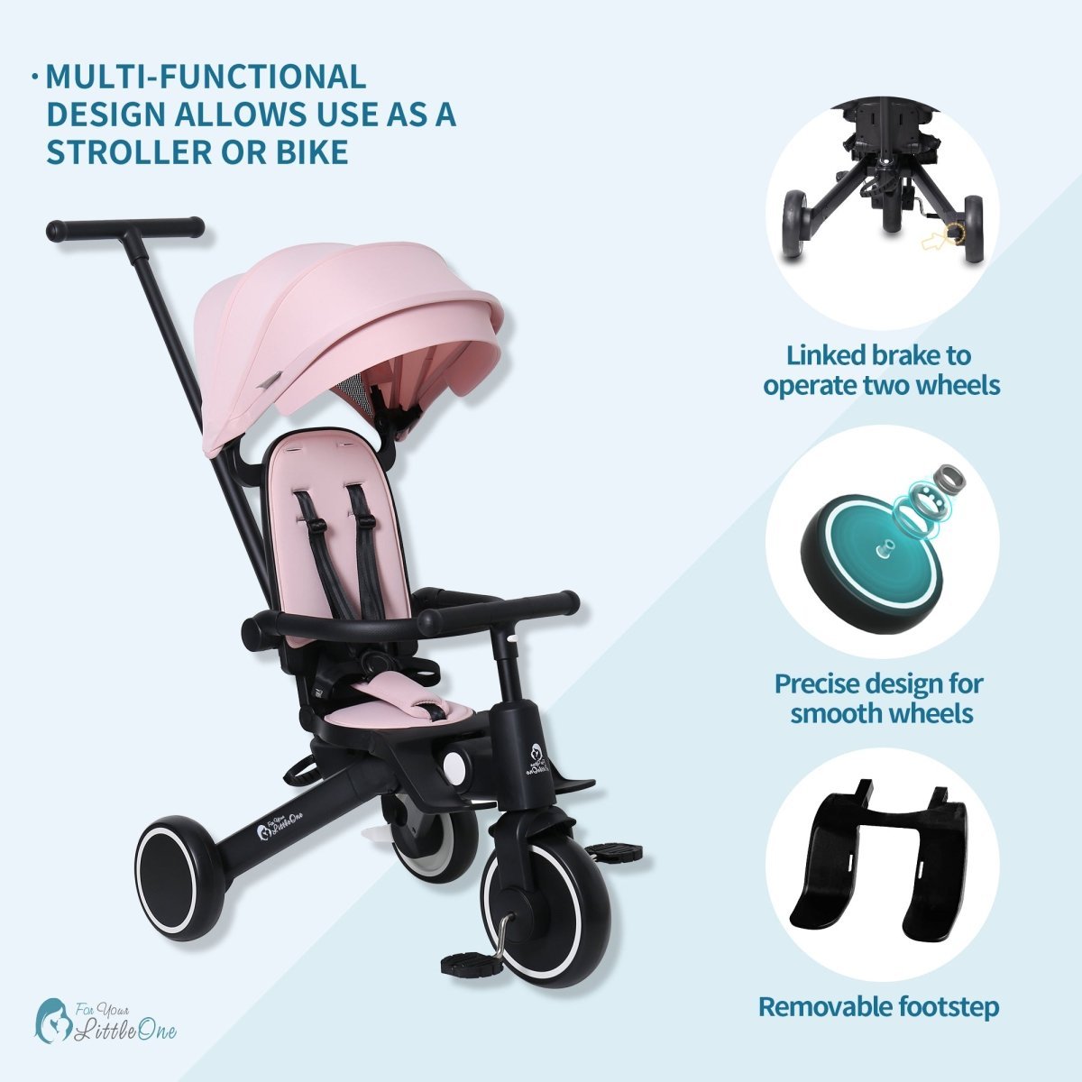 Pastellrosa 6-in-1 Dreirad Kinderwagen, Umrüstbar zu Bike, abnehmbare Fußstütze