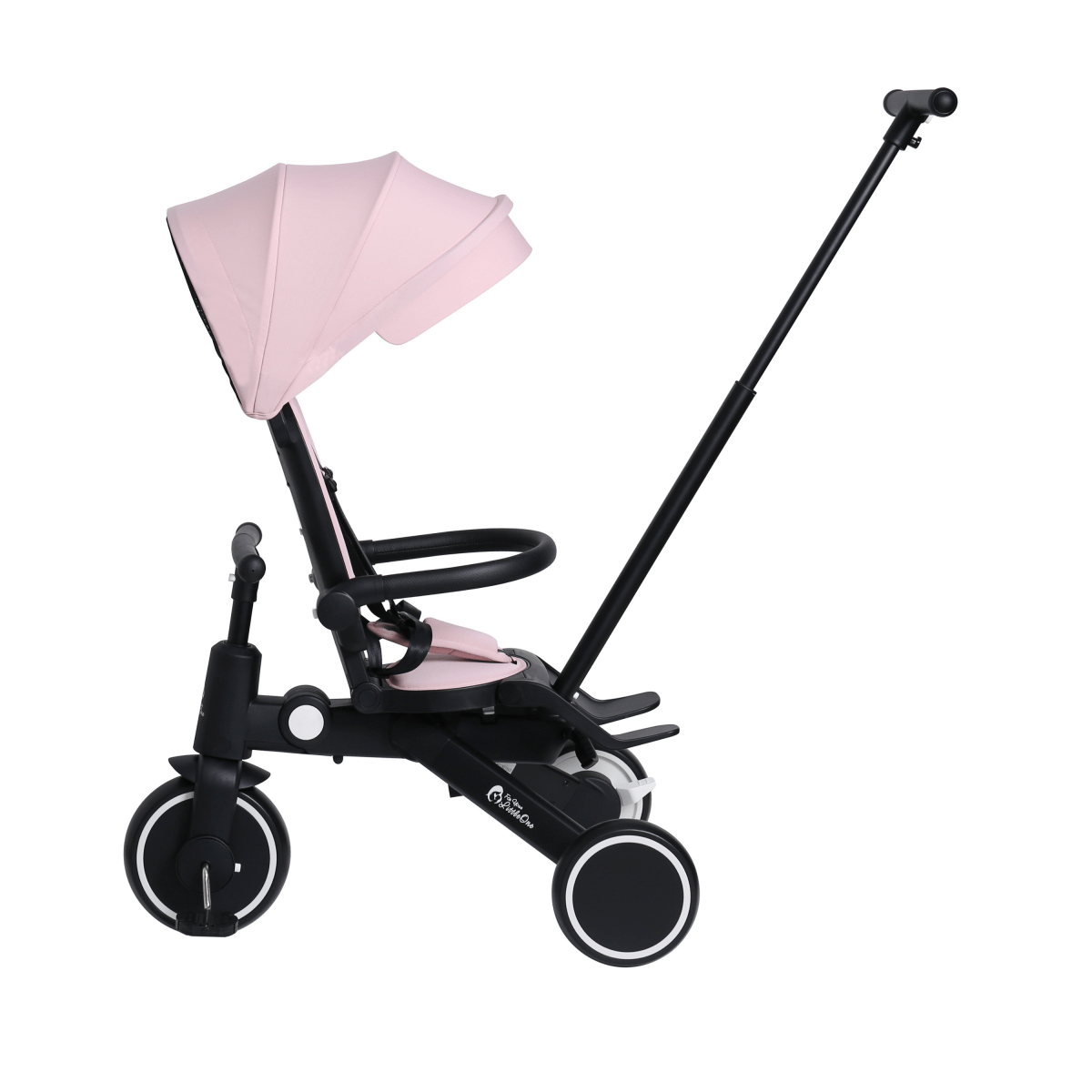 Pastel pink foldable trike with sun canopy and black handlebars, side view