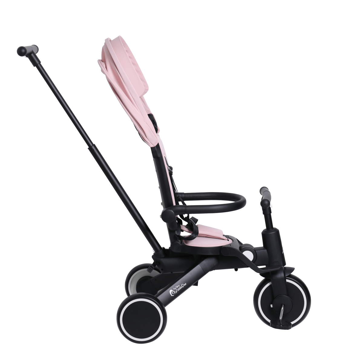 Foldable trike stroller-style frame with pastel pink seat and sun canopy, angled view