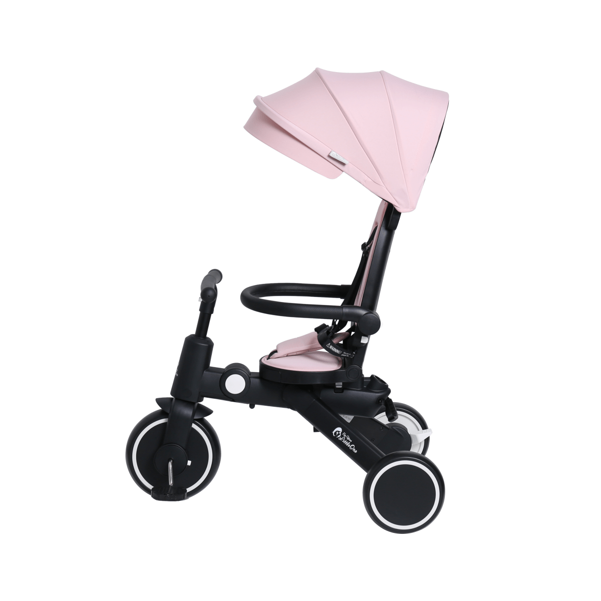 Pink canopy and padded seat on a foldable trike, black handlebars and frame