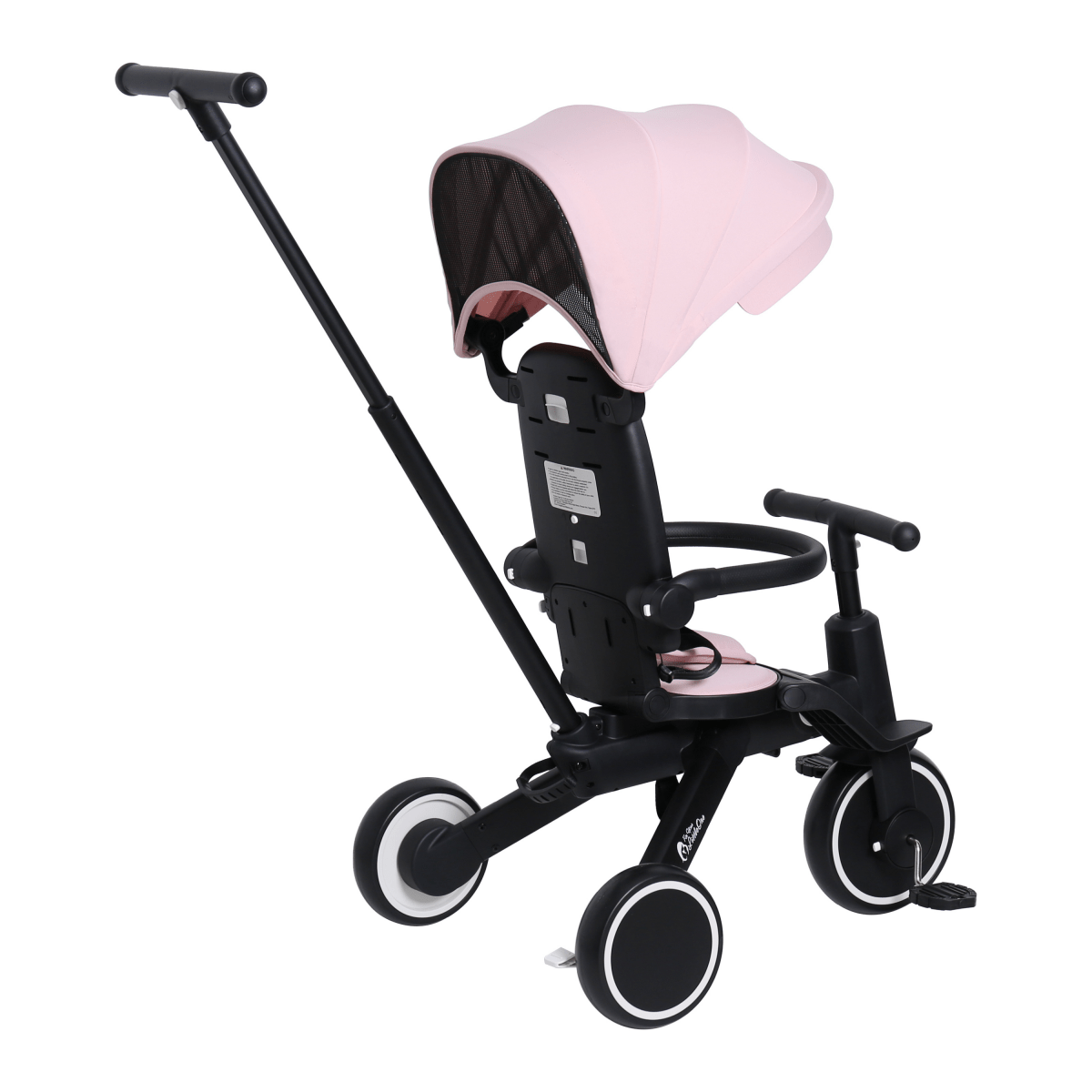 Rear/side view of foldable trike with pastel pink canopy, wheels and seat tray