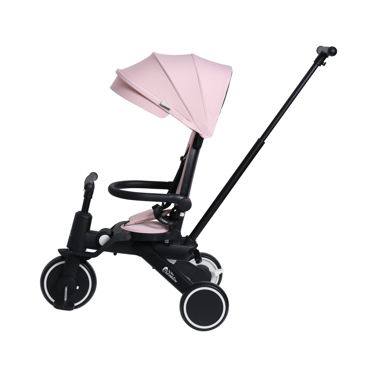 Pastel pink foldable trike with sun canopy, black frame, three-wheel side profile