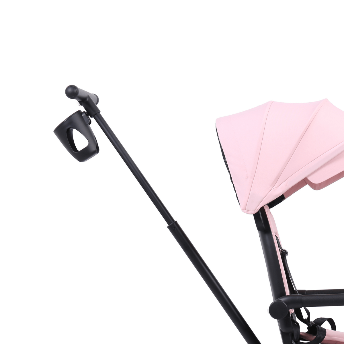 Black cup holder bracket on trike handle with stroller frame nearby