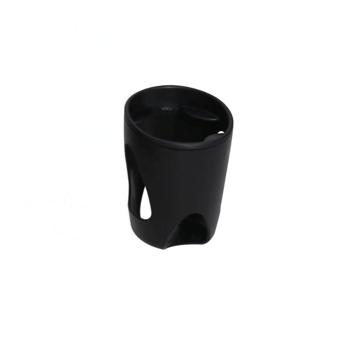 Black cup holder with molded cup space and handlebar mounting opening