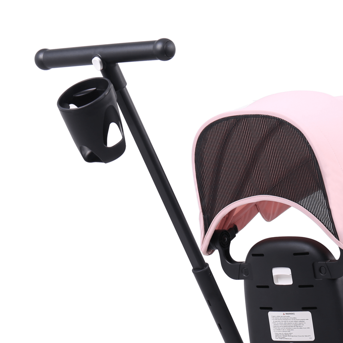 Cup holder for trike, black plastic mounted on stroller handle bar