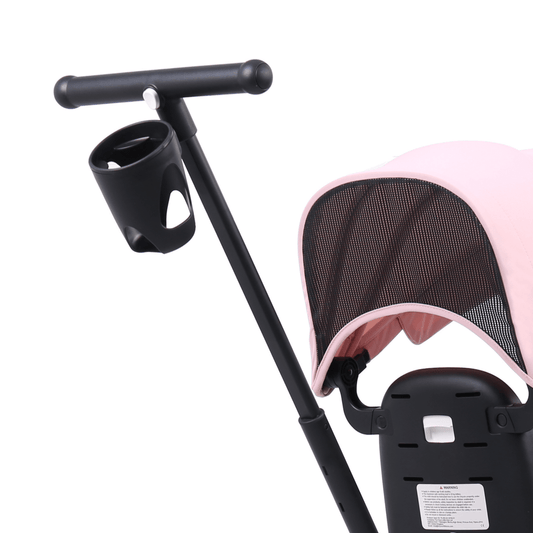 Cup holder for trike, black plastic mounted on stroller handle bar