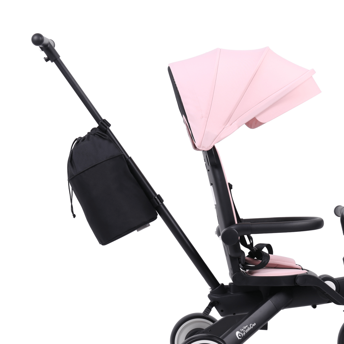 Black storage bag on Xplor Trike stroller frame with drawstring top