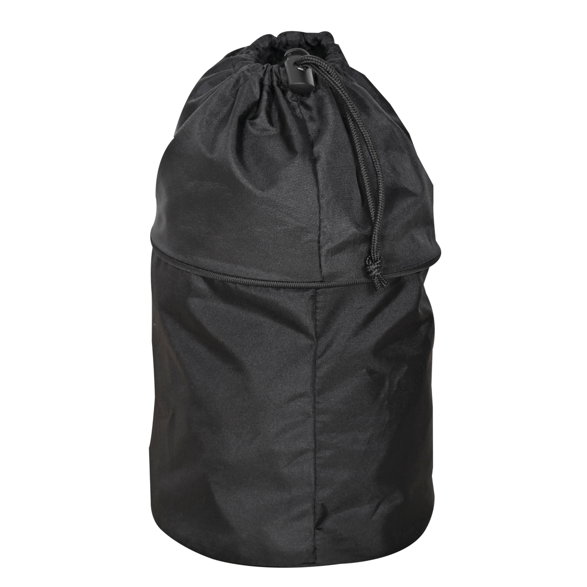 Black drawstring storage bag with front zipper pocket