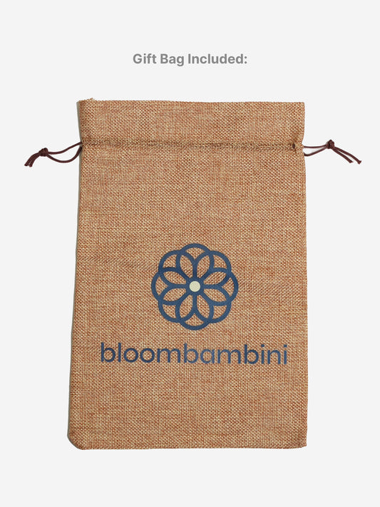 Tan jute gift bag with bloombambini logo and drawstring