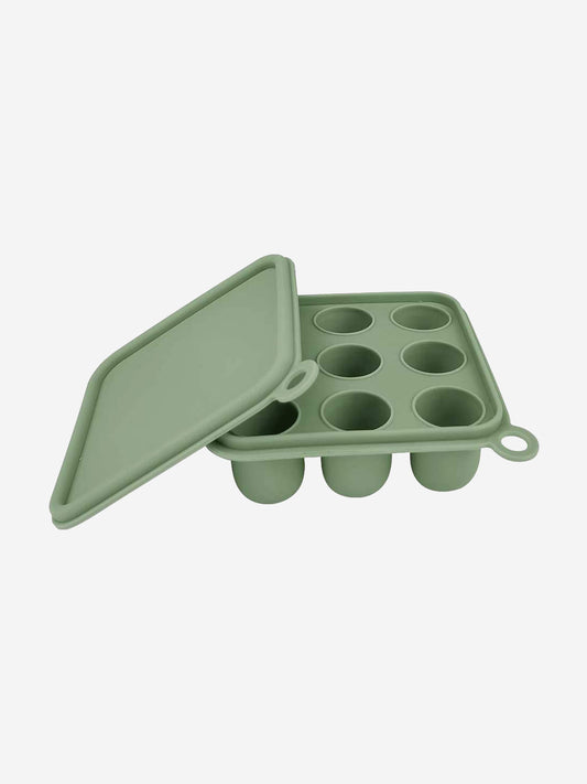 Green silicone baby freezer cube tray with snap-on cover, 6 compartments