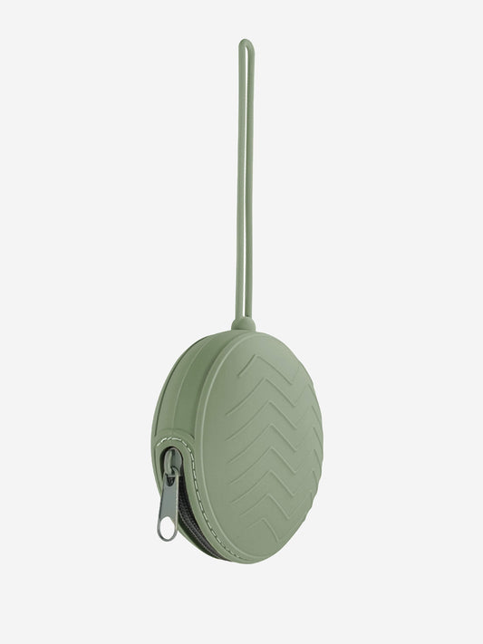 Green round silicone pacifier case with long handle and zipper opening