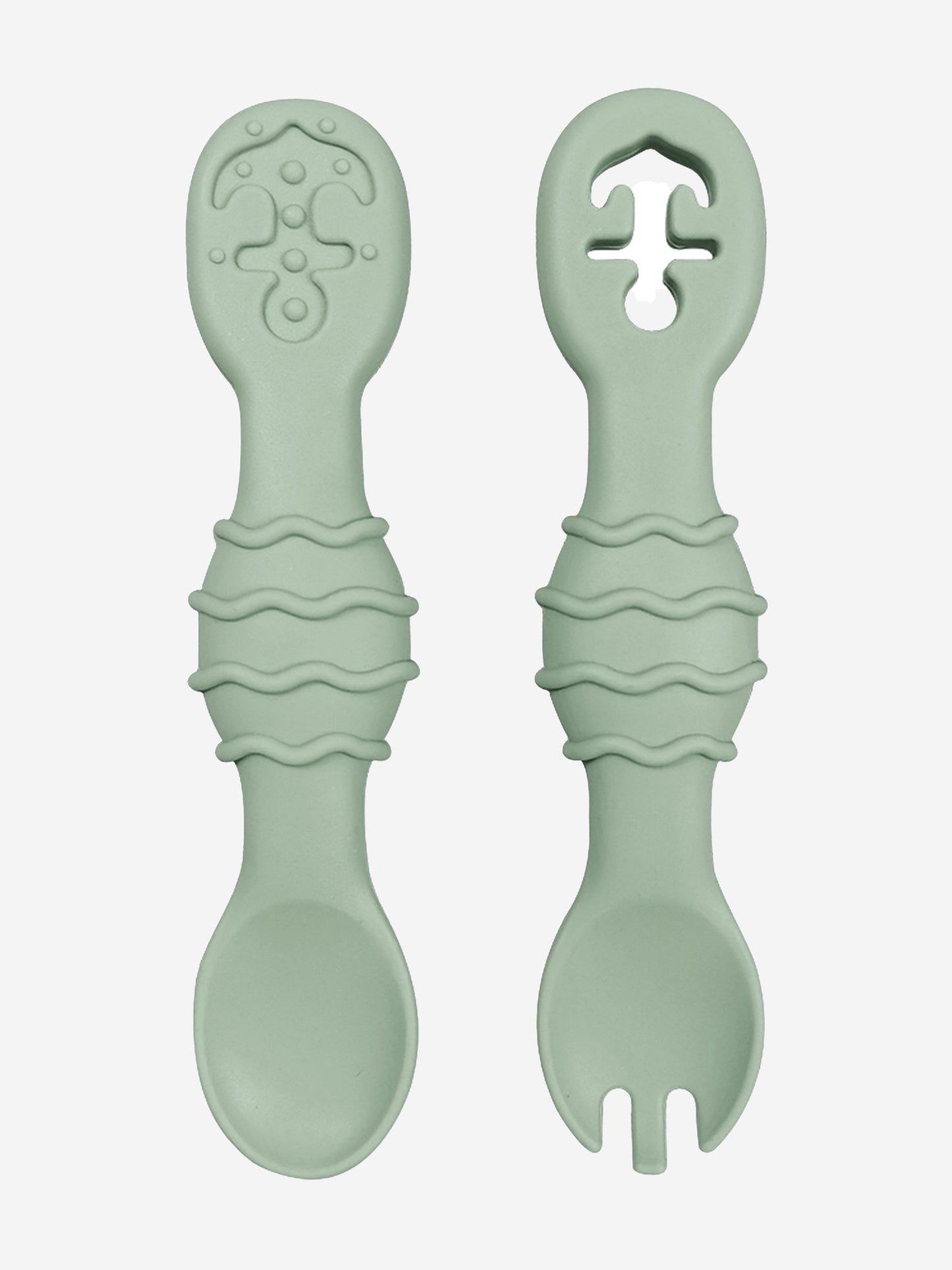 Green silicone spoon and fork set, two-piece toddler cutlery