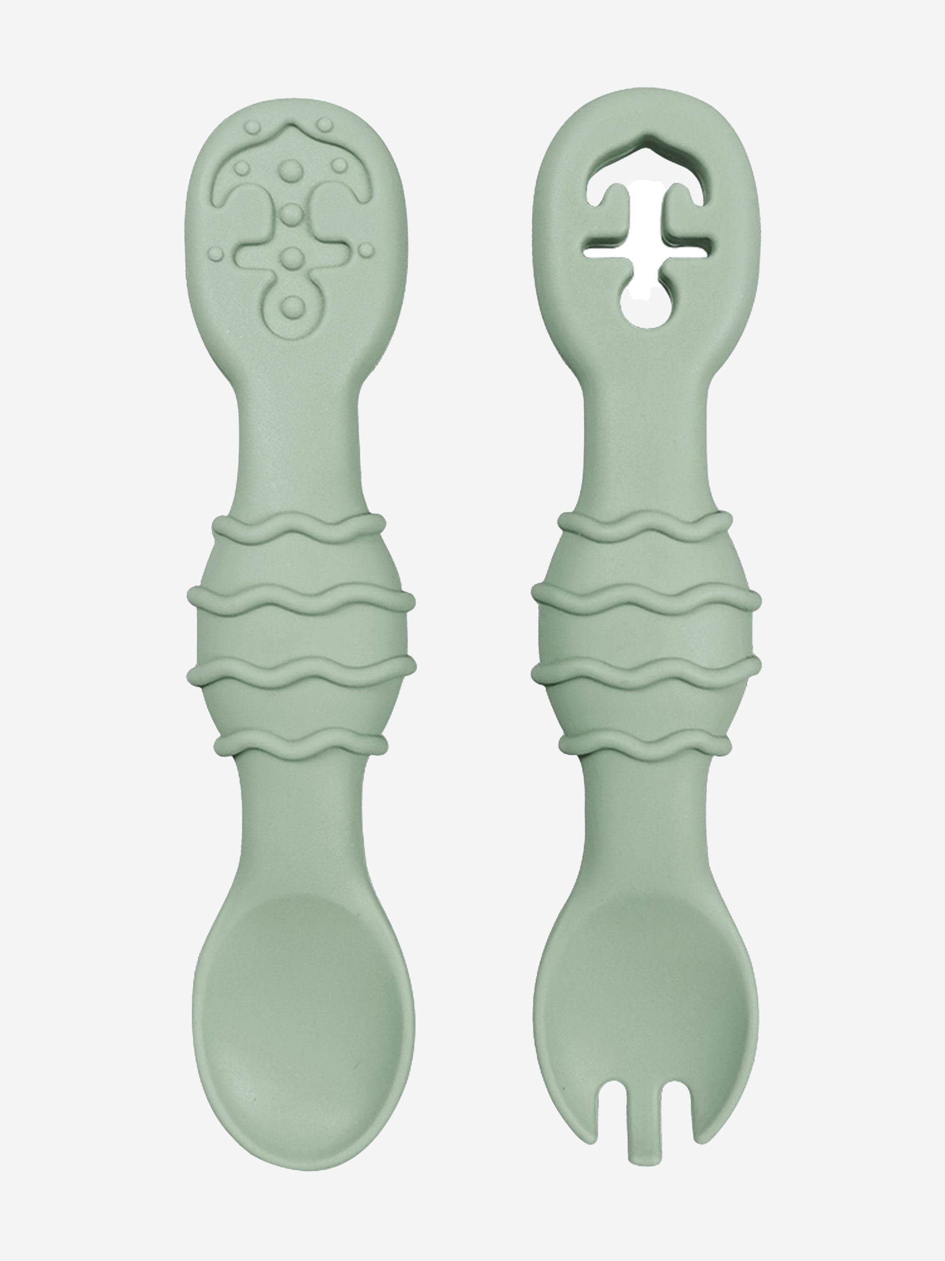 Green silicone spoon and fork set, two-piece toddler cutlery