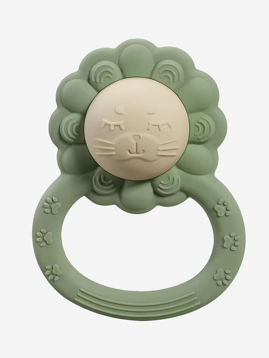 Green lion baby teether rattle, silicone ring with lion face and paw details