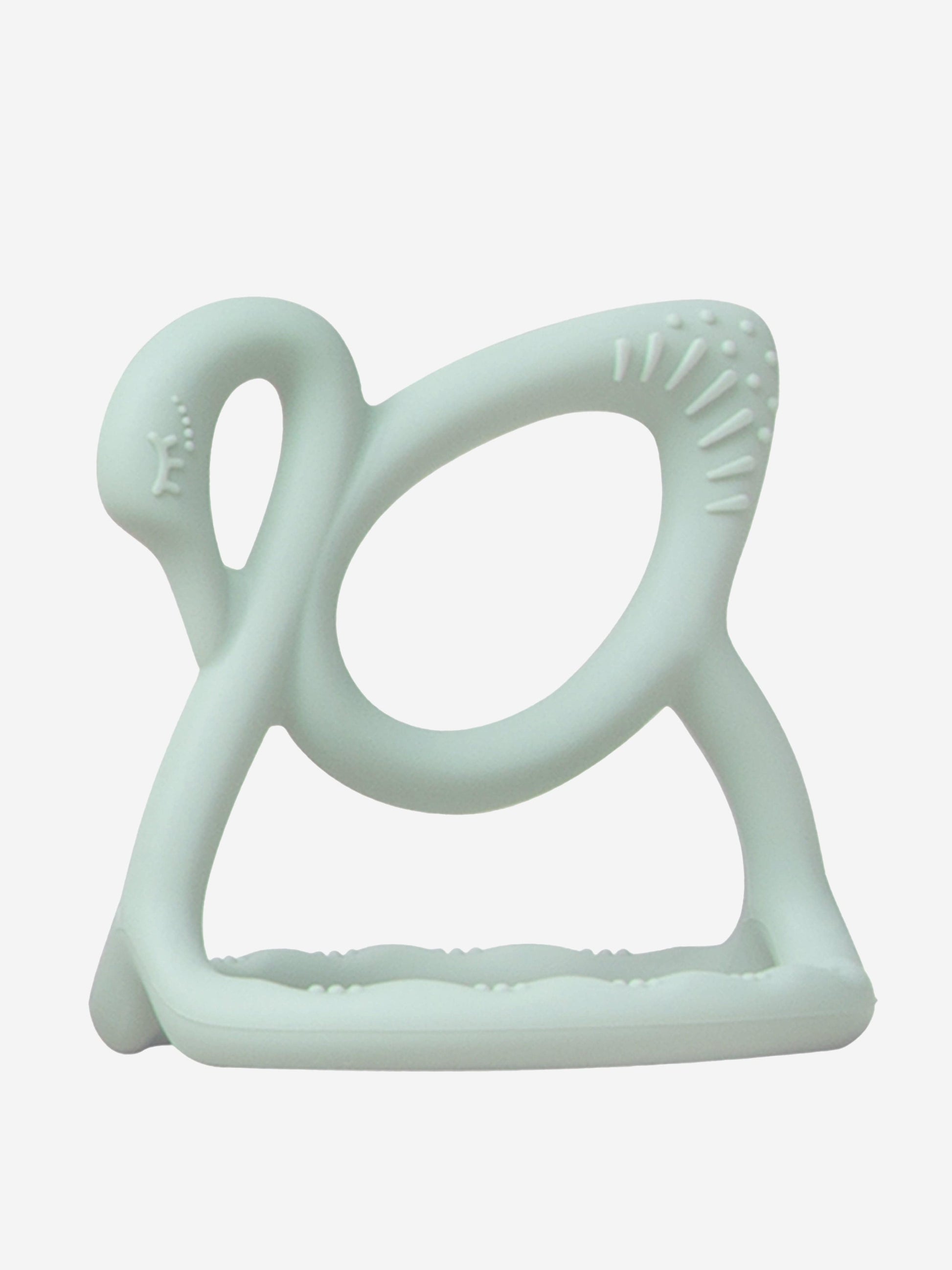 Green swan-shaped baby teether with textured nubs and loop handle