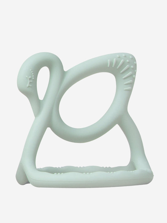 Green swan-shaped baby teether with textured nubs and loop handle