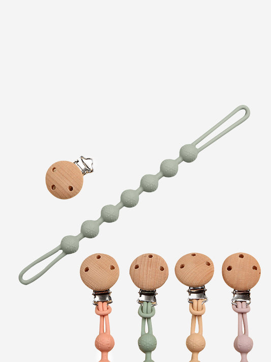Light green baby pacifier clip with wooden teether, silicone bead chain and metal clip