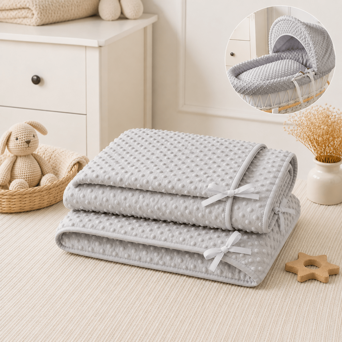 Grey dimple bedding set with quilt and hood fabric, folded with bows