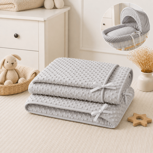 Grey dimple bedding set with quilt and hood fabric, folded with bows