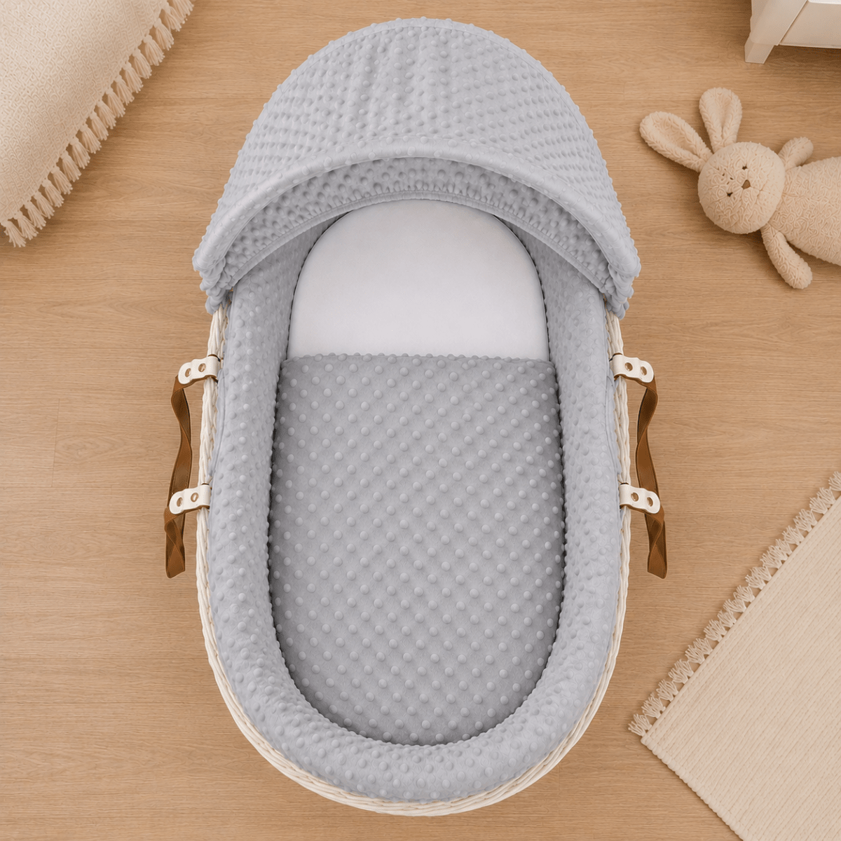 Grey dimple Moses basket bedding set: hooded lining with textured grey inner