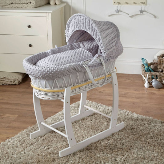 Grey wicker Moses basket with stand and grey textured padded liner, hooded canopy