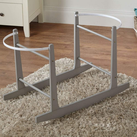 Grey Moses basket rocking stand in light grey frame with curved base