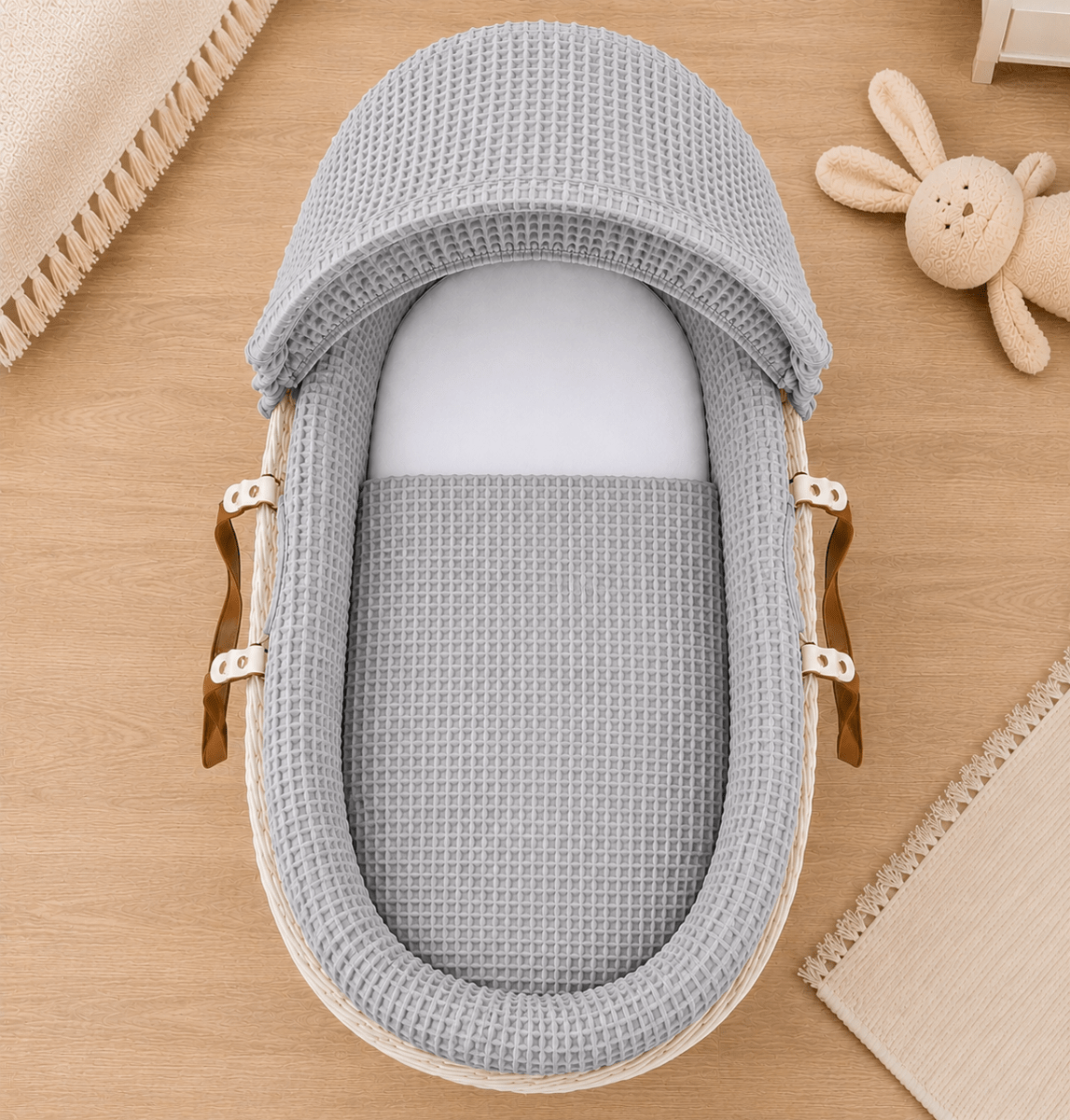 Grey waffle moses basket bedding set, grey hood fabric and fitted mattress pad