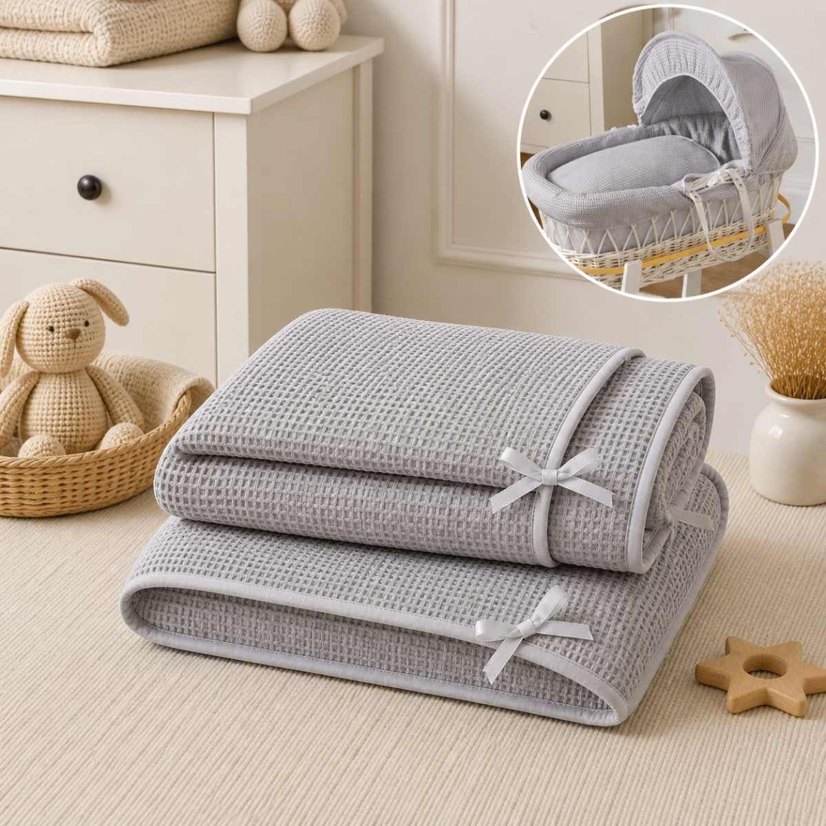 Grey waffle bedding quilt rolls with ribbon ties, textured fabric set
