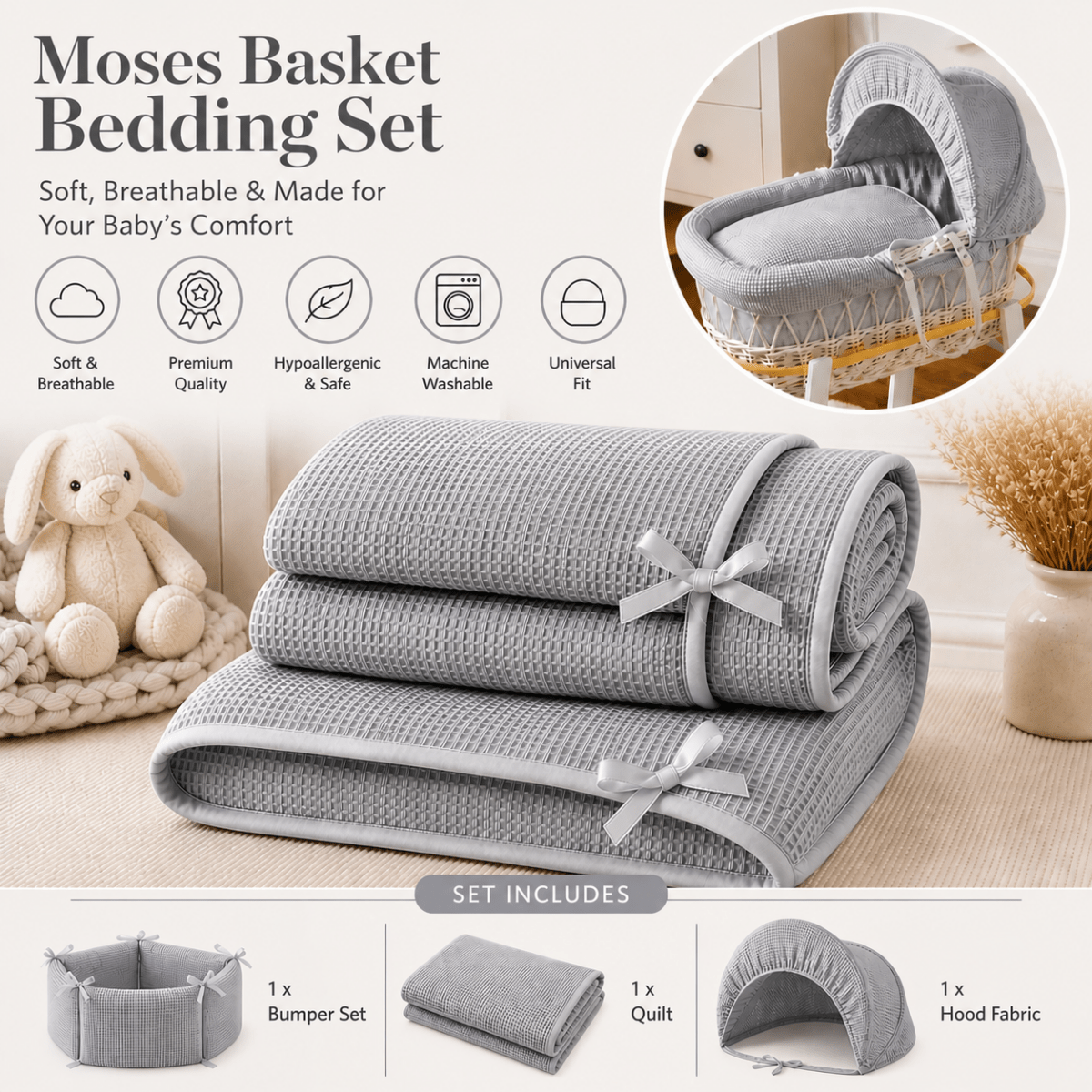 Grey waffle quilt and hood fabric rolled set, textured fabric with ribbon bows