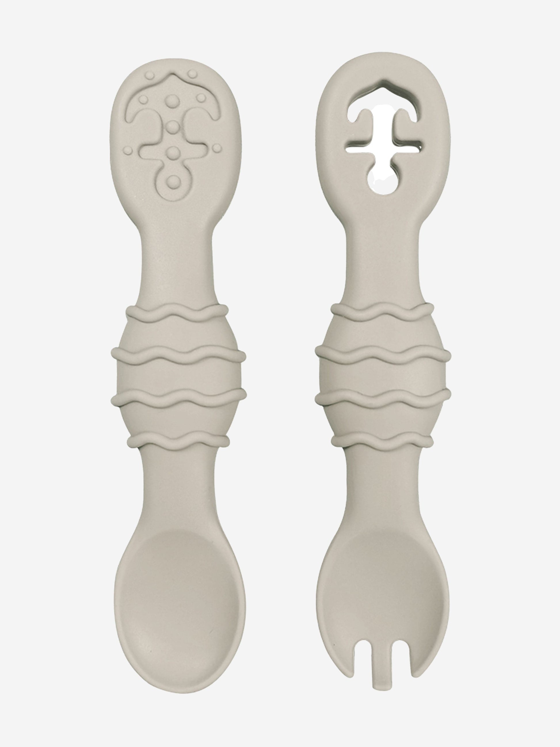 Grey silicone spoon and fork set with wavy grips