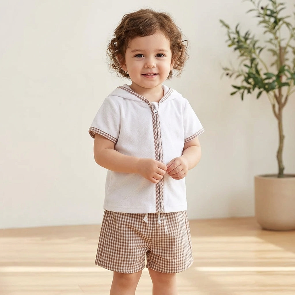 Boys Terry Towelling Hooded Summer Set –  Beige Gingham Shorts (1–5 Years) *Preorder