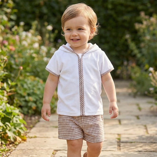 Boys Terry Towelling Hooded Summer Set –  Beige Gingham Shorts (1–5 Years) *Preorder