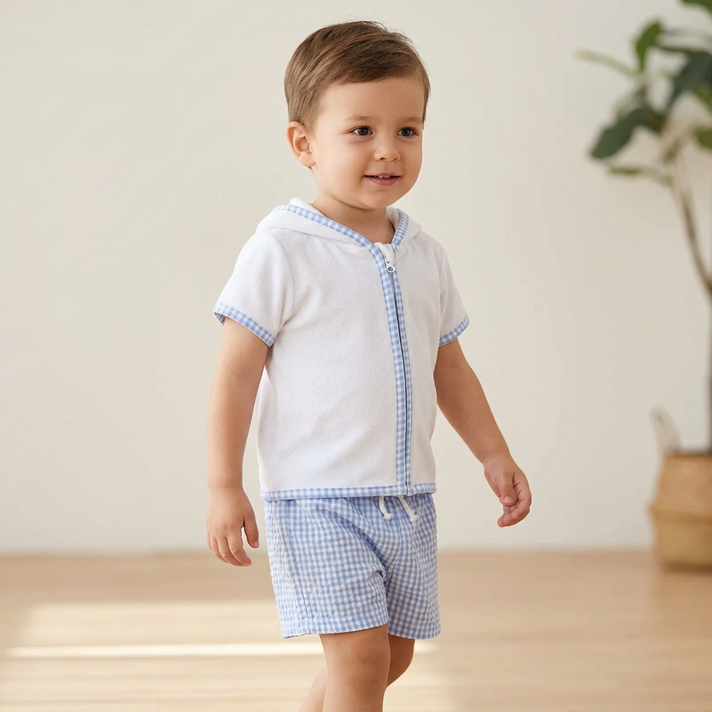 Boys Terry Towelling Hooded Summer Set – Blue Gingham Shorts (1–5 Years) *Preorder