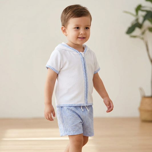 Boys Terry Towelling Hooded Summer Set – Blue Gingham Shorts (1–5 Years) *Preorder
