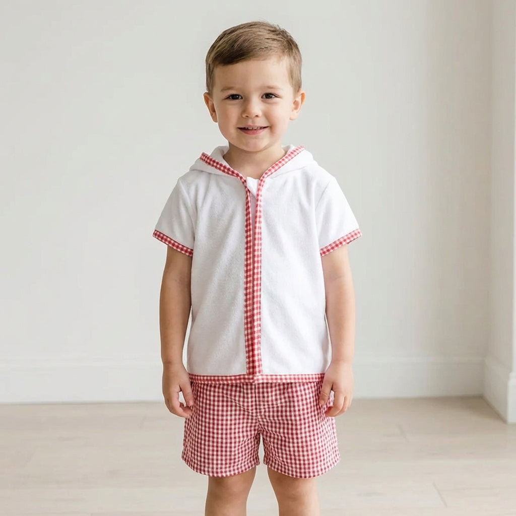 Boys Terry Towelling Hooded Summer Set – Red Gingham Shorts (1–5 Years) *Preorder