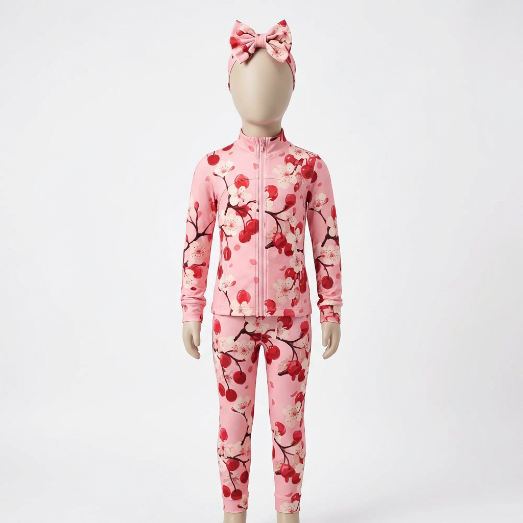 Pink cherry blossom two-piece set for girls from baby to 16 years. Preorder now – delivery due week commencing 16th March. Stylish and comfortable.