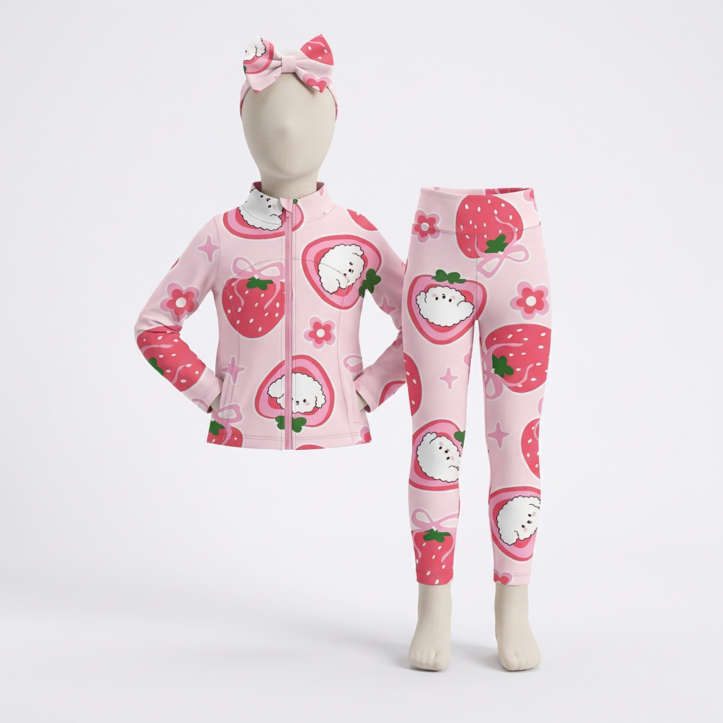 Strawberry cloud two-piece girls tracksuit with zip jacket, leggings and matching bow headband