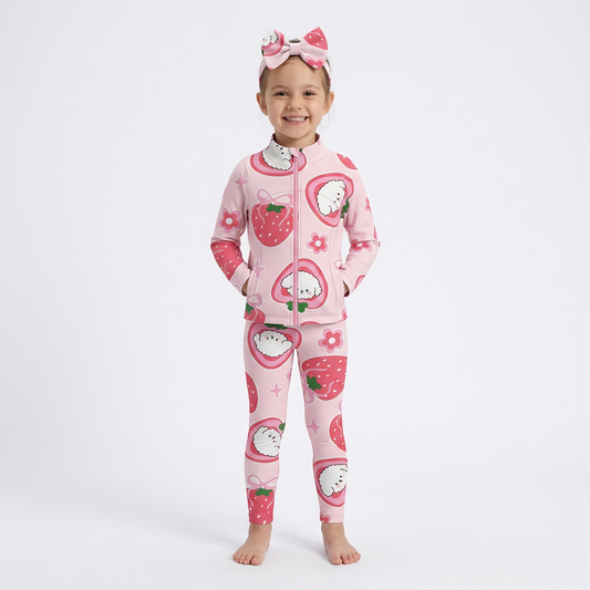 Core Gym Wear Strawberry Cloud Girls Two-Piece Tracksuit with Matching Bow Headband (Preorder)