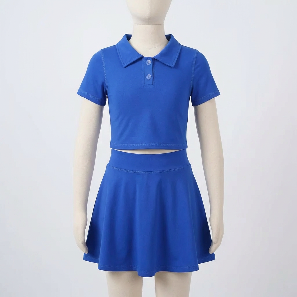 Mannequin wearing a blue outfit with a polo shirt and skirt on a white background