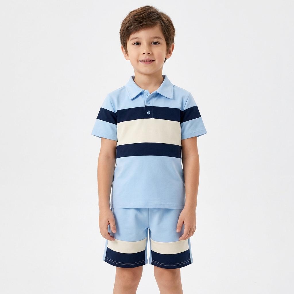 Boys sky blue polo and striped shorts set with navy and cream stripe bands