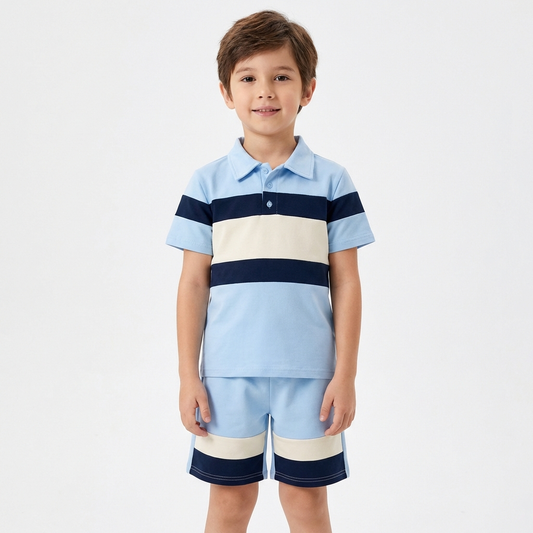 Boys Sky Blue Polo Striped Shorts Set