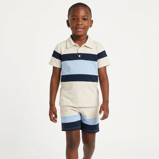 Boys Beige Polo Striped Shorts Set