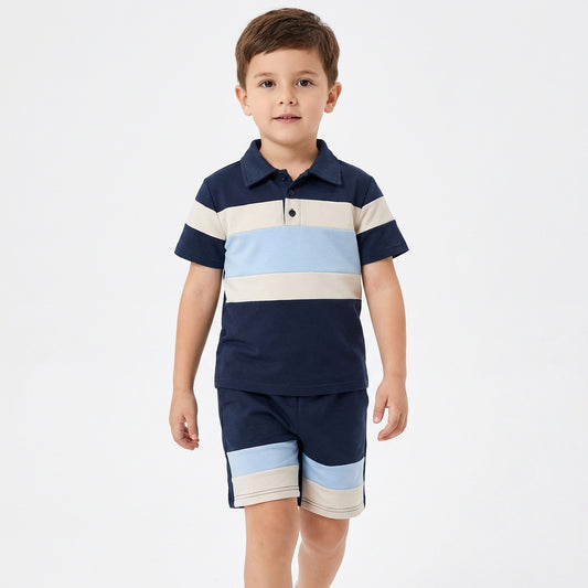 Boys Navy Polo Striped Shorts Set