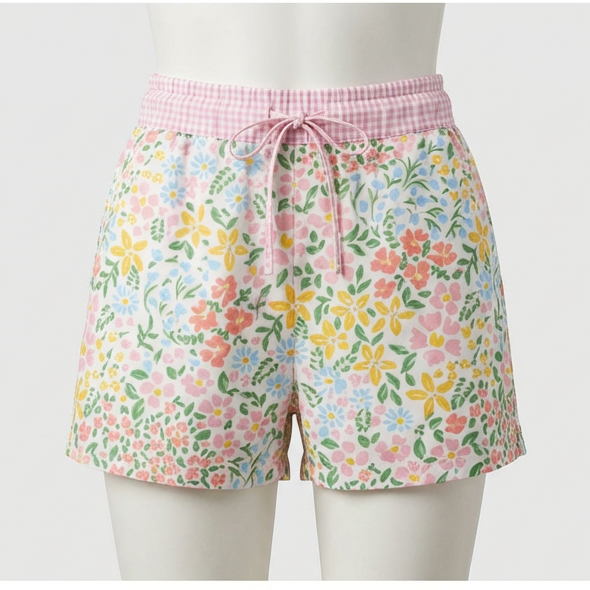 Boys floral swim shorts with pink check elastic waistband and tie