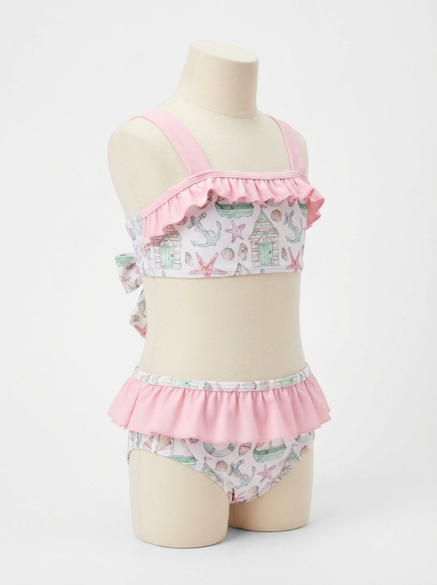 Girls sea-life print swimsuit with pink ruffle trim and bikini top