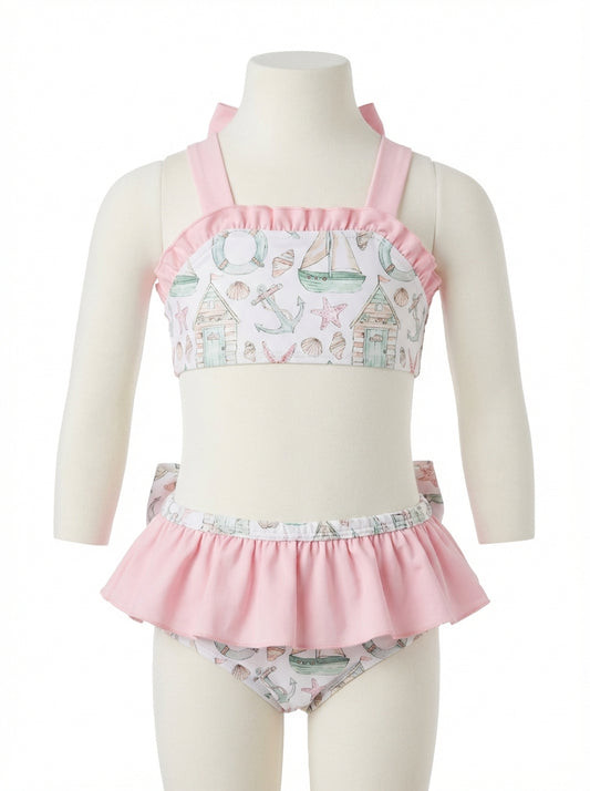 Girls pink ruffle bikini with sea-life print top and matching high-waist bottoms