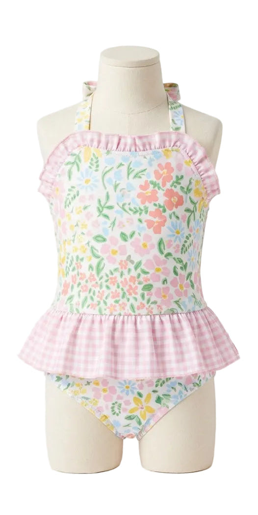 Girls floral swim suit with pink check ruffle peplum and matching bottom