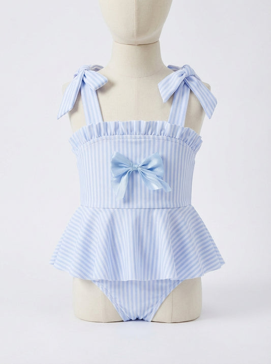 Girls striped ruffle swim one-piece with bow ties and gathered neckline, light blue.