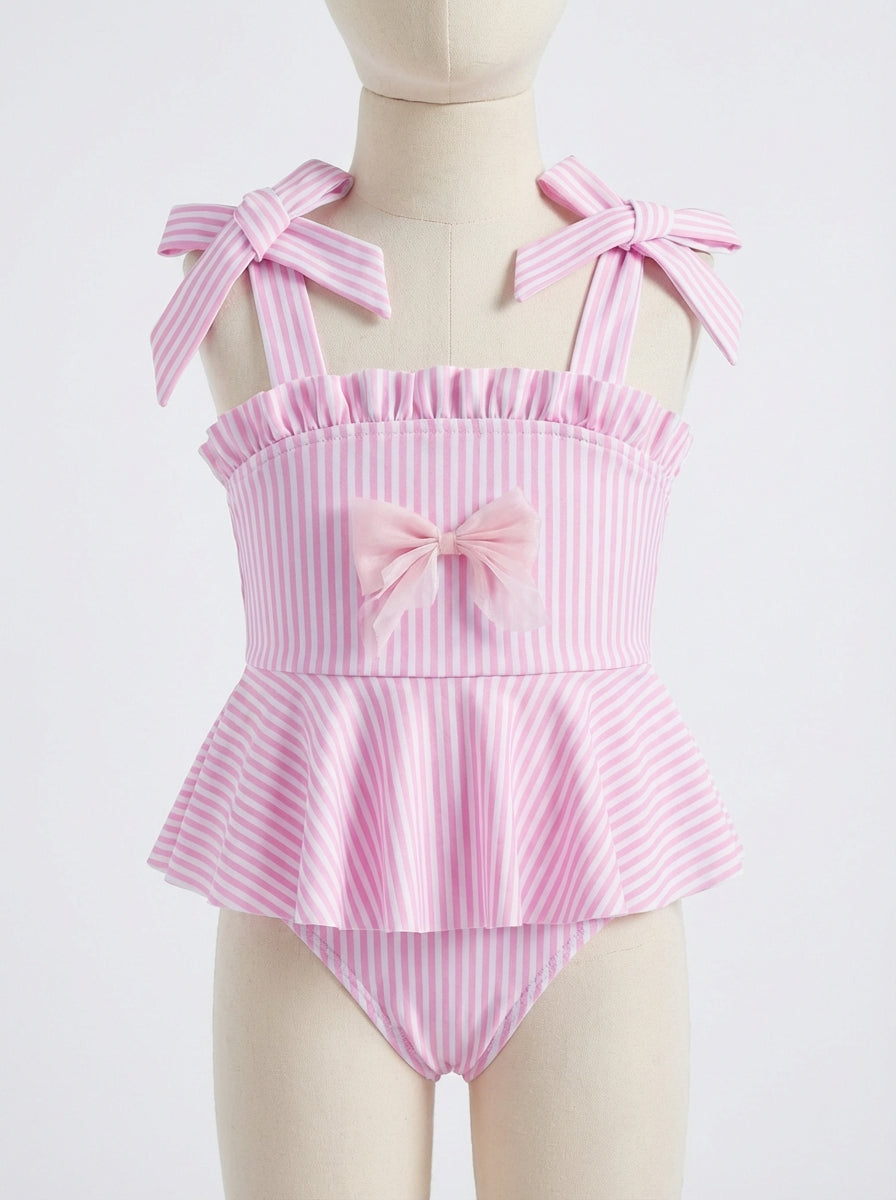 Girls pink striped ruffle swim one-piece with bow-tied straps and front bow